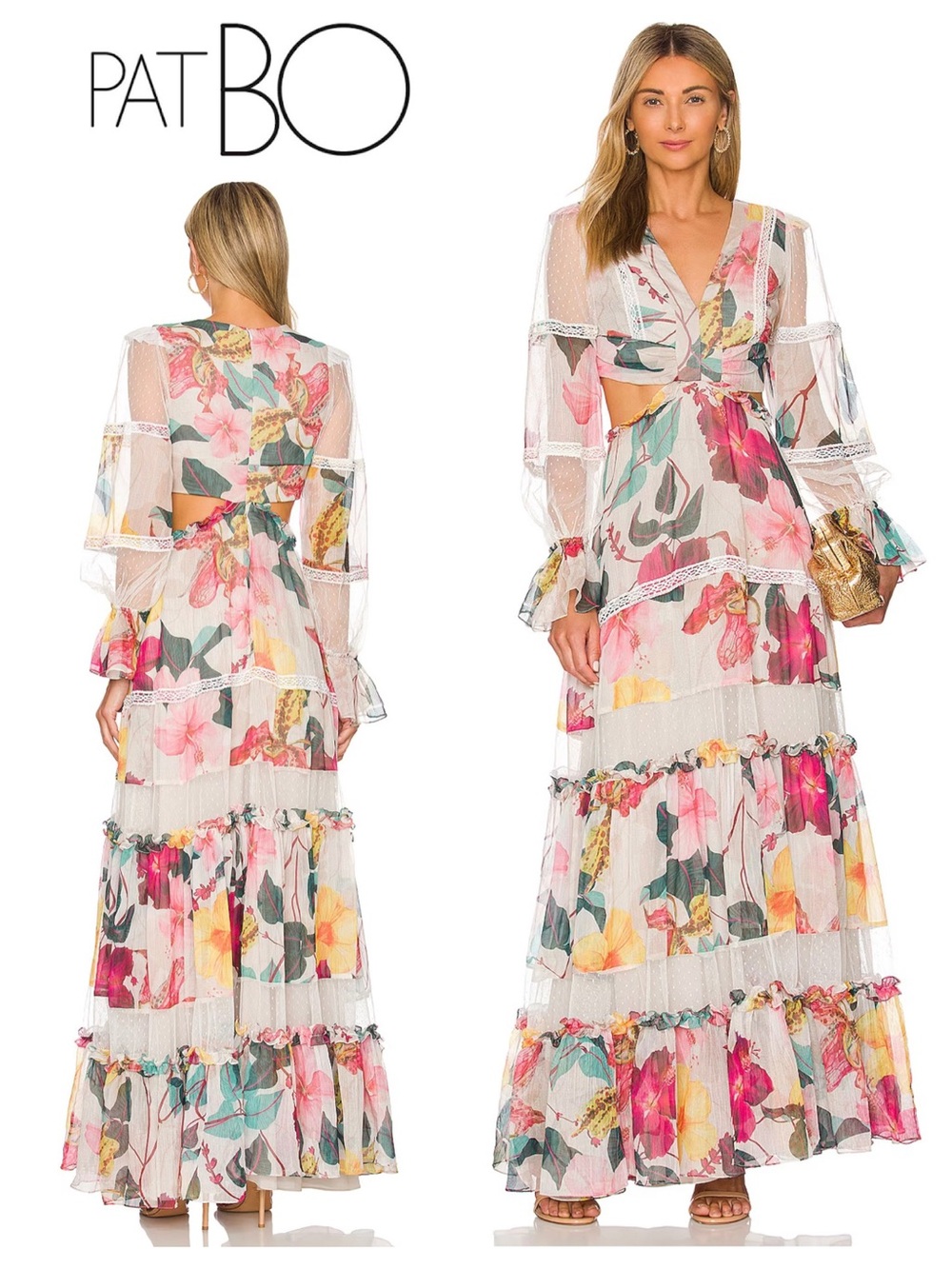 PatBO Hibiscus Lace-Trim Tiered Cutout Maxi Dress